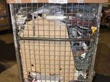 a cart with a lot of shoes on it in a warehouse