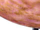 a close up view of a pink vase with writing on it