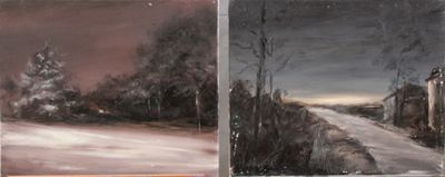trois tableaux représentant une route et des arbres par temps de neige