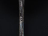 close up of a silver spoon with a fork sticking out of it