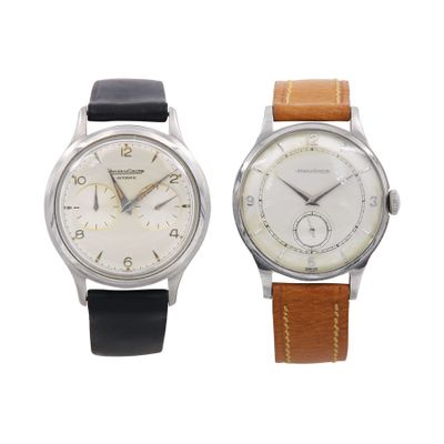 pair of watches with white dials and brown leather strap