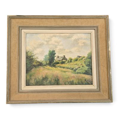 an image of a painting of a field with trees in the background