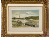 a painting of a landscape with a river and a church in the distance