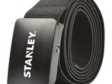 the belt is black and has a metal buckle that says stanley