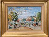 painting of a city street scene with people walking and a horse drawn carriage