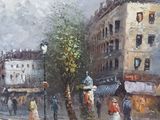 painting of a city street scene with people walking on the sidewalk