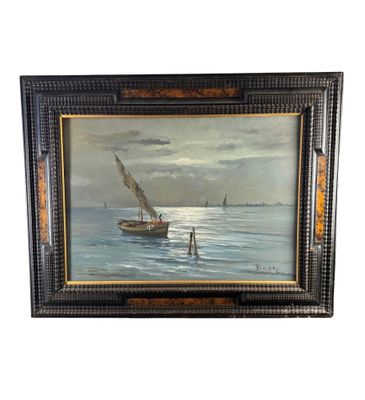 tableau représentant un voilier sur l'eau, avec un homme debout au premier plan