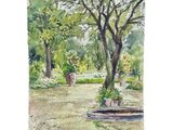 watercolor painting of a garden scene with a fountain and trees