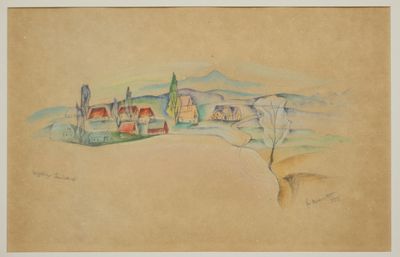 un vieux dessin représentant un village avec une montagne en arrière-plan