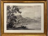 un dessin représentant un paysage avec une rivière et des montagnes en arrière-plan