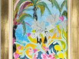 une peinture à l'huile représentant des fleurs et des palmiers, dans un cadre doré