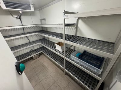 une pièce équipée d'étagères et de bacs de rangement
