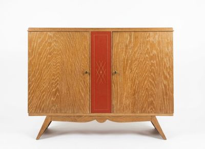 an image of a wooden cabinet with two doors and a red stripe