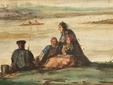 an image of a painting of a woman and two men sitting on a hill