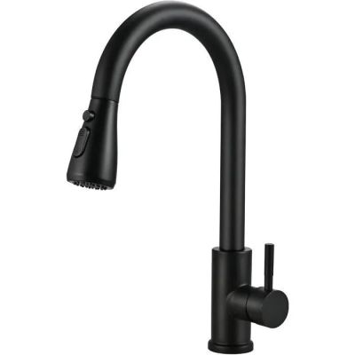 a black kitchen faucet on a white background