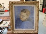 a painting of a young boy with glasses on a table