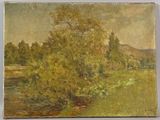 peinture d'un paysage avec une rivière et des arbres au premier plan