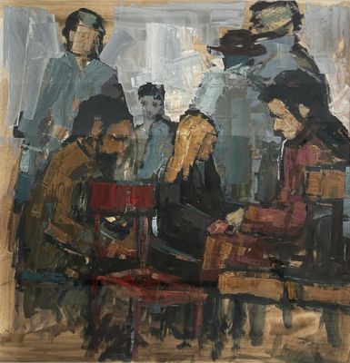 an oil painting of a group of people sitting around a table