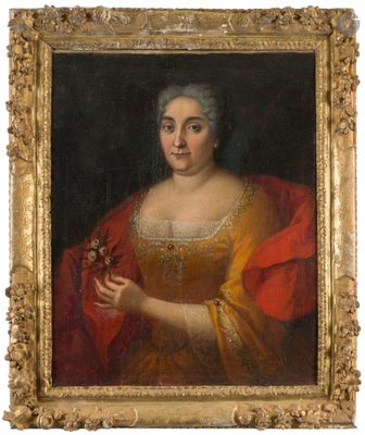 un tableau représentant une femme tenant une fleur dans la main droite
