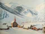 painting of a village in the mountains covered in snow with mountains in the background
