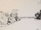 dessin représentant un paysage avec une rivière et des arbres au premier plan