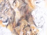 painting of a group of lions resting on a blanket
