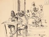 dessin représentant un groupe de personnes assises autour d'une table en compagnie d'un chien