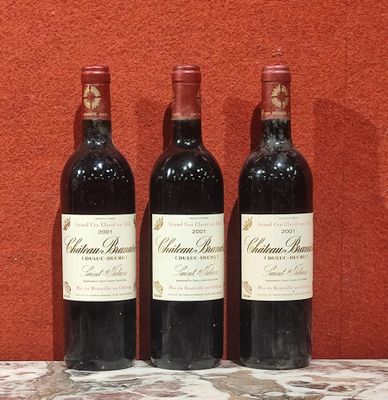 Trois bouteilles de vin sont posées sur une table, avec un mur rouge en arrière-plan.