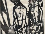 a black and white drawing of two people standing next to each other