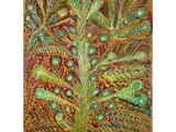 a painting of a tree with green leaves and yellow flowers