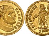 a gold coin with an image of a man holding a sword