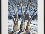 a painting of trees in the snow with a blue sky in the background