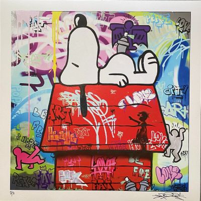 painting of a doghouse covered in graffiti with a dog on top of it