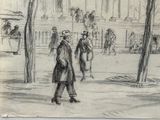 dessin représentant deux hommes marchant dans une rue en ville