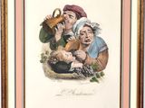 painting of three men and a baby with a pitcher in their hand