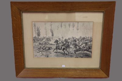 painting of a group of men riding horses in a wooded area