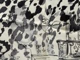 un dessin en noir et blanc représentant une pièce avec un papier peint à motifs de vaches