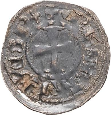 an old silver coin with a cross on it