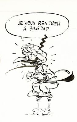 dessin représentant un personnage de bande dessinée avec une bulle de dialogue dans laquelle on peut lire « jeux renter a bagdad »