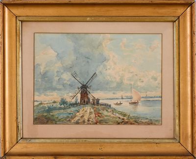 an image of a painting of a windmill by a body of water