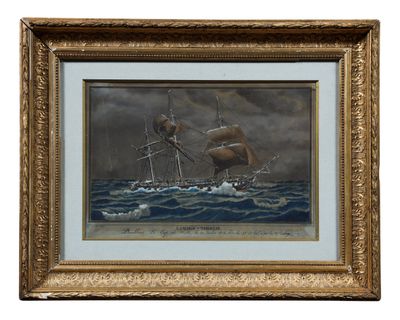 une peinture à l'huile représentant un voilier en mer par temps nuageux