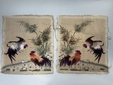 two pieces of cloth with a painting of roosters and bamboo trees