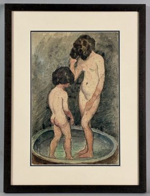 painting of two nudes in a bathtub by a wall
