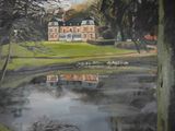 un tableau représentant une maison au milieu d'un lac