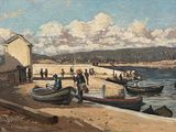 a painting of a group of people on the beach by the water