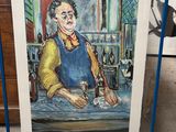 tableau représentant un homme vêtu d'un tablier bleu tenant un verre de vin