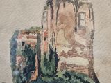 a watercolor painting of a castle on a hill