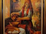 painting of a woman pouring eggs in a bowl on a table
