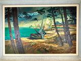 un tableau représentant un voilier sur le rivage d'une plage