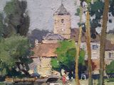 a painting of a building near a body of water